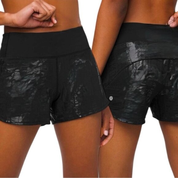 Lululemon Speed Up Short Size 6 *Long 4" Black Shiny Foil Doodle - Picture 1 of 10